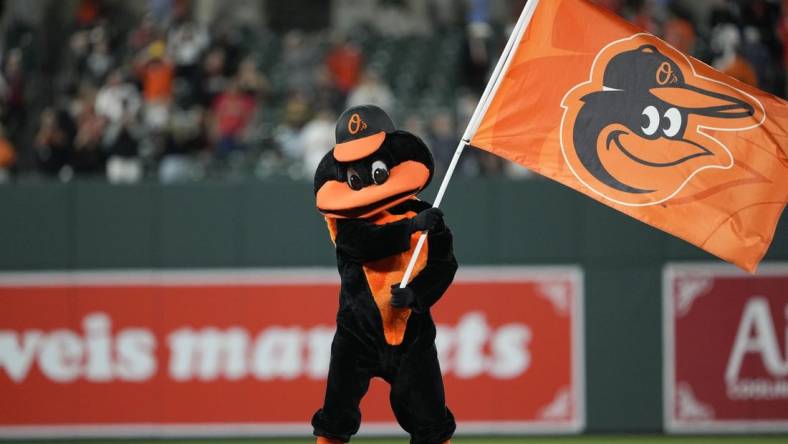 May 10, 2023; Baltimore, Maryland, USA; the Baltimore Orioles mascot waves a flag after a 2-1 victory over the Tampa Bay Rays at Oriole Park at Camden Yards. Mandatory Credit: Brent Skeen-USA TODAY Sports