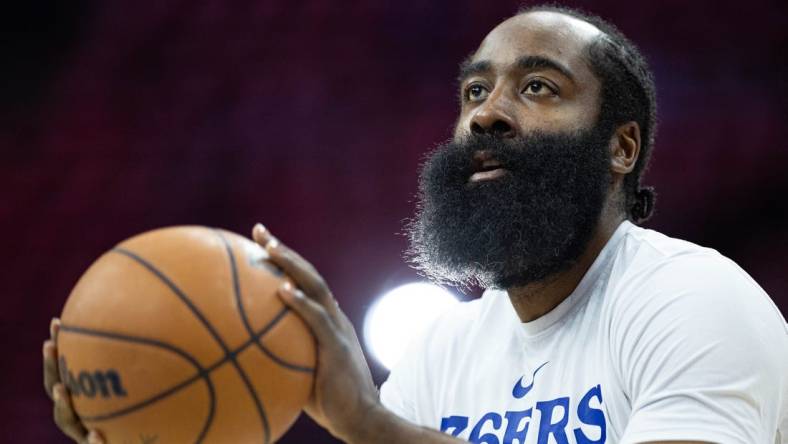 May 11, 2023; Philadelphia, Pennsylvania, USA; Philadelphia 76ers guard James Harden warms up before game six of the 2023 NBA playoffs against the Boston Celtics at Wells Fargo Center. Mandatory Credit: Bill Streicher-USA TODAY Sports