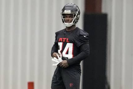 May 12, 2023; Flowery Branch, GA, USA; Atlanta Falcons cornerback Clark Phillips III (34) shown on the field during rookie camp at IBM Performance Field. Mandatory Credit: Dale Zanine-USA TODAY Sports