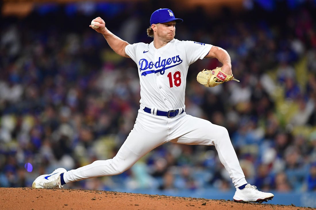 May 16, 2023; Los Angeles, California, USA; Los Angeles Dodgers relief pitcher Shelby Miller (18) throws against the Minnesota Twins during the fifth inning at Dodger Stadium. Mandatory Credit: Gary A. Vasquez-USA TODAY Sports