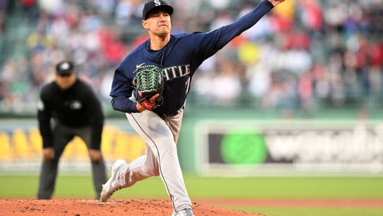 May 17, 2023; Boston, Massachusetts, USA; Seattle Mariners starting pitcher Marco Gonzales (7) pitches against the Boston Red Sox during the first inning at Fenway Park. Mandatory Credit: Brian Fluharty-USA TODAY Sports