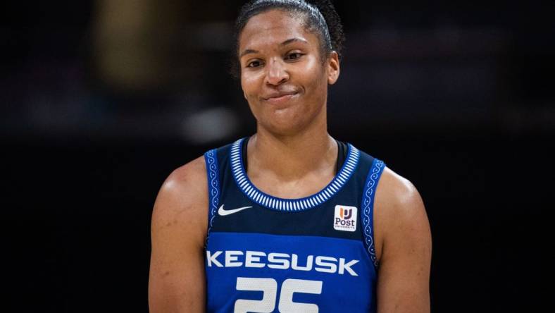 May 19, 2023; Indianapolis, Indiana, USA; Connecticut Sun forward Alyssa Thomas (25) in the second half against the Indiana Fever at Gainbridge Fieldhouse. Mandatory Credit: Trevor Ruszkowski-USA TODAY Sports