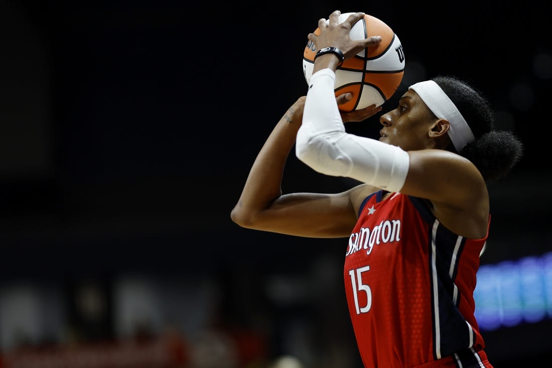 May 19, 2023; Washington, District of Columbia, USA; Washington Mystics guard Brittney Sykes (15) shoots the ball against the New York Liberty at Entertainment & Sports Arena. Mandatory Credit: Geoff Burke-USA TODAY Sports