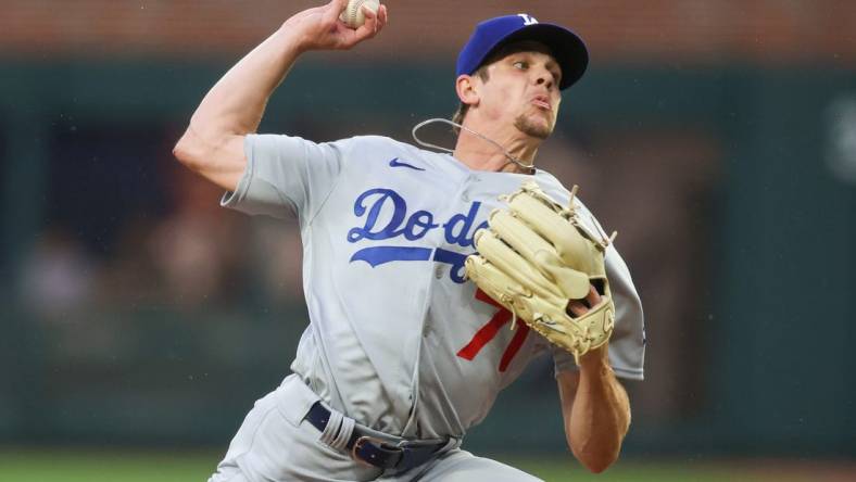 May 22, 2023; Atlanta, Georgia, USA; Los Angeles Dodgers starting pitcher Gavin Stone (71) throws against the Atlanta Braves in the first inning at Truist Park. Mandatory Credit: Brett Davis-USA TODAY Sports