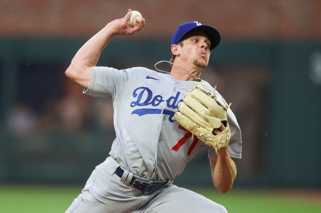 May 22, 2023; Atlanta, Georgia, USA; Los Angeles Dodgers starting pitcher Gavin Stone (71) throws against the Atlanta Braves in the first inning at Truist Park. Mandatory Credit: Brett Davis-USA TODAY Sports