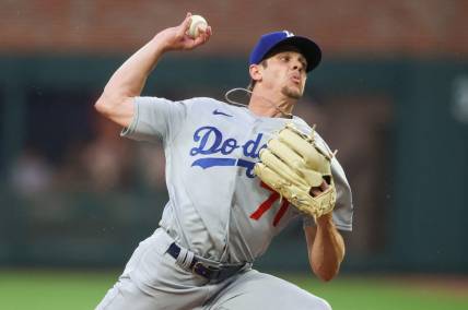 May 22, 2023; Atlanta, Georgia, USA; Los Angeles Dodgers starting pitcher Gavin Stone (71) throws against the Atlanta Braves in the first inning at Truist Park. Mandatory Credit: Brett Davis-USA TODAY Sports