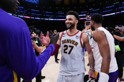 May 22, 2023; Los Angeles, California, USA; Denver Nuggets guard Jamal Murray (27) reacts to beating the Los Angeles Lakers in game four of the Western Conference Finals for the 2023 NBA playoffs at Crypto.com Arena. Mandatory Credit: Kirby Lee-USA TODAY Sports