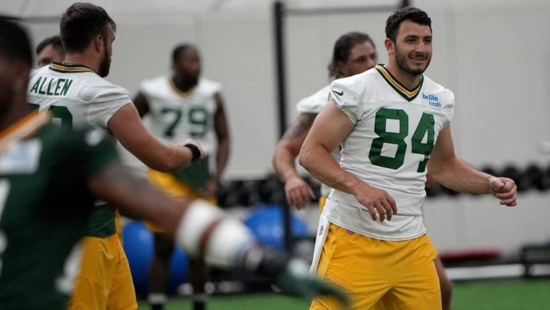 Green Bay Packers tight end Tyler Davis (84) is shown during organized team activities Tuesday, May 23, 2023 in Green Bay, Wis.