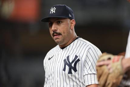 May 24, 2023; Bronx, New York, USA; New York Yankees starting pitcher Nestor Cortes (65) walks off the field after the top of the sixth inning against the Baltimore Orioles at Yankee Stadium. Mandatory Credit: Vincent Carchietta-USA TODAY Sports