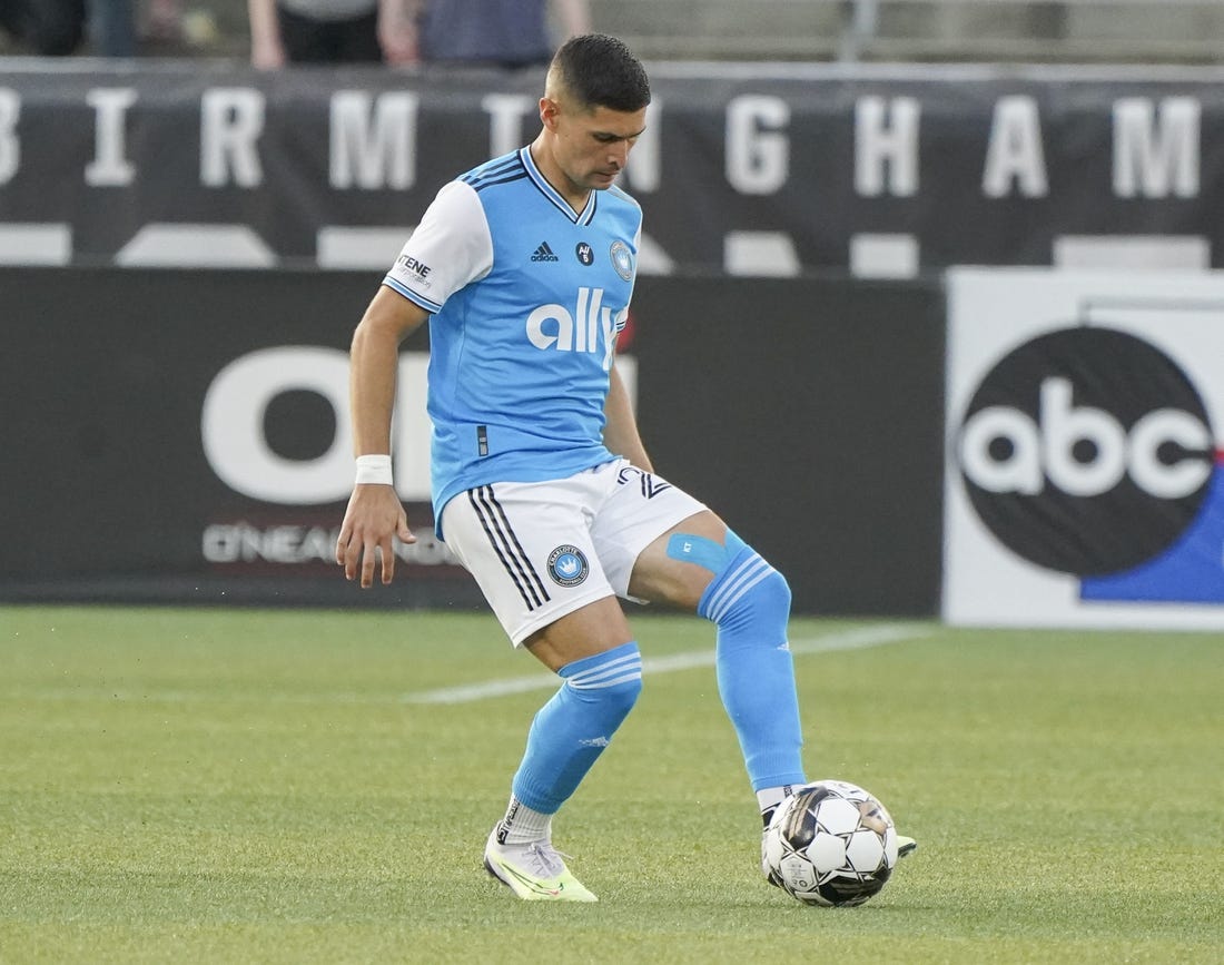 May 24, 2023; Birmingham, AL, USA; Charlotte FC defender Joseph Mora (28) controls the ball against Birmingham Legion FC during the first half at Protective Stadium. Mandatory Credit: Marvin Gentry-USA TODAY Sports