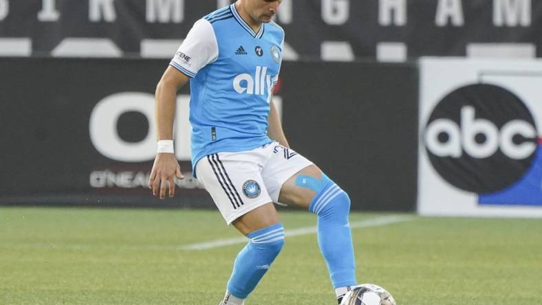 May 24, 2023; Birmingham, AL, USA; Charlotte FC defender Joseph Mora (28) controls the ball against Birmingham Legion FC during the first half at Protective Stadium. Mandatory Credit: Marvin Gentry-USA TODAY Sports