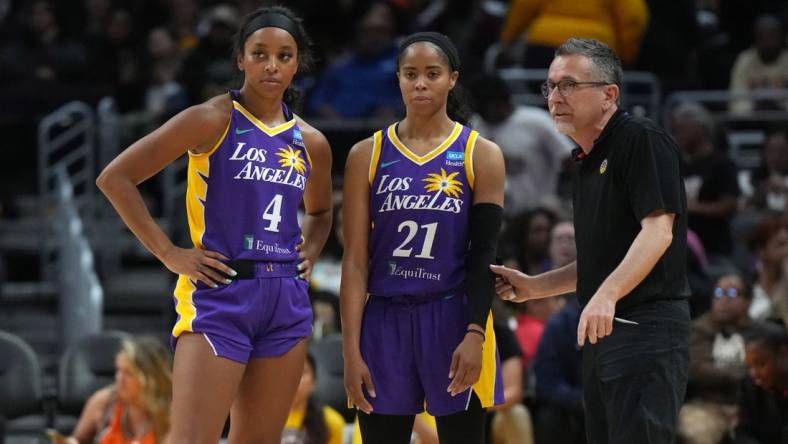 May 25, 2023; Los Angeles, California, USA; LA Sparks guard Lexie Brown (4), guard Jordin Canada (21) and coach Curt Miller react during the second half against the Las Vegas Aces at Crypto.com Arena. Mandatory Credit: Kirby Lee-USA TODAY Sports