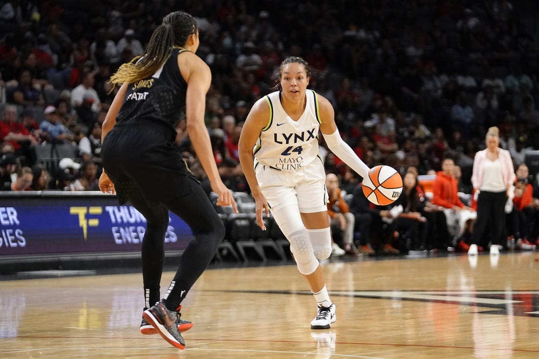 May 28, 2023; Las Vegas, Nevada, USA; Minnesota Lynx forward Napheesa Collier (24) dribbles the ball against Las Vegas Aces center Kiah Stokes (41) during the second quarter at Michelob Ultra Arena. Mandatory Credit: Lucas Peltier-USA TODAY Sports