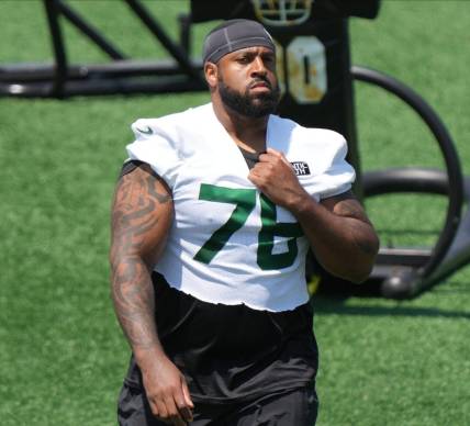 Florham Park, NJ May 31, 2023 -- Offensive tackle Duane Brown during the Jets OTA.