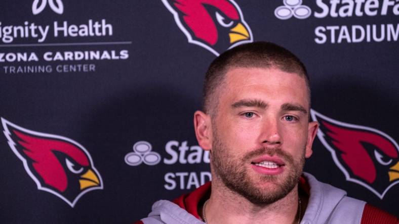 Arizona Cardinals' Zach Ertz speaks during a news conference at the Dignity Health Arizona Cardinals Training Center in Tempe on April 11, 2023.