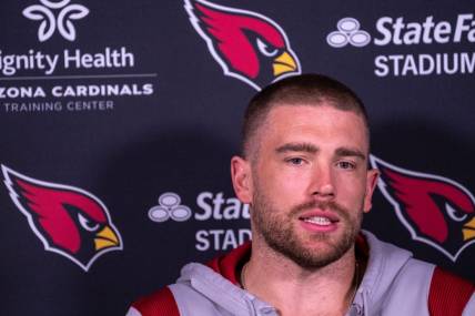 Arizona Cardinals' Zach Ertz speaks during a news conference at the Dignity Health Arizona Cardinals Training Center in Tempe on April 11, 2023.