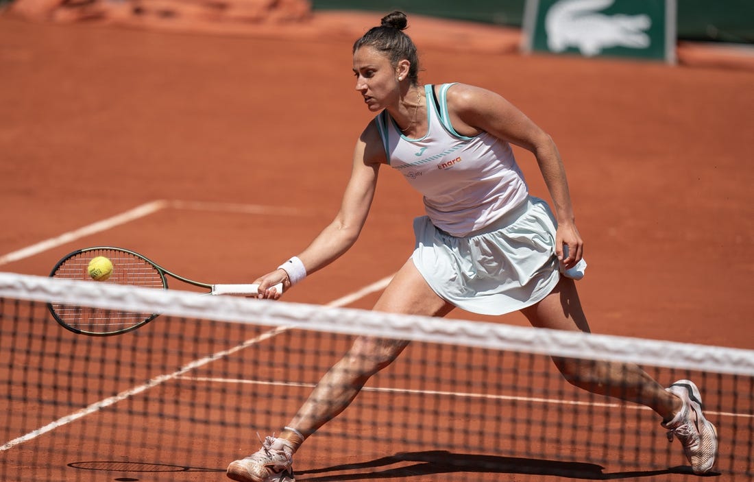 Jun 5 2023; Paris, France; Sara Sorribes Tormo (ESP) returns a shot against Beatriz Haddad Maia (BRA) on day nine at Stade Roland-Garros. Mandatory Credit: Susan Mullane-USA TODAY Sports