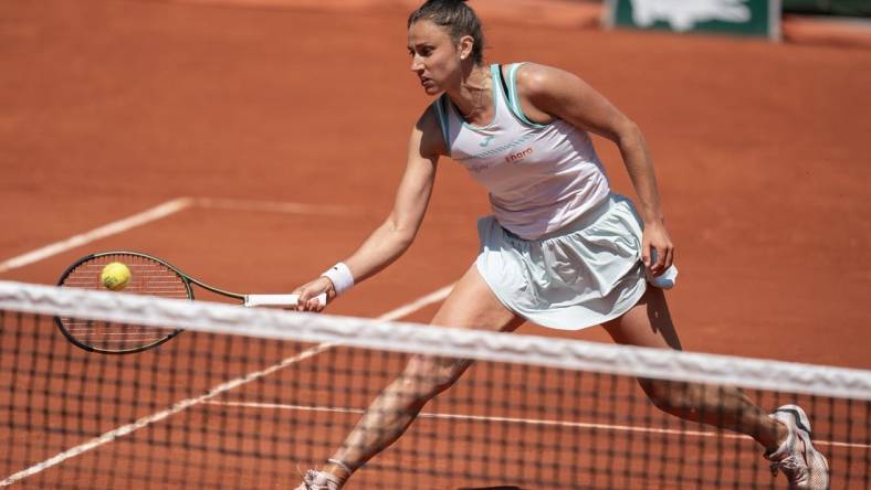 Jun 5 2023; Paris, France; Sara Sorribes Tormo (ESP) returns a shot against Beatriz Haddad Maia (BRA) on day nine at Stade Roland-Garros. Mandatory Credit: Susan Mullane-USA TODAY Sports