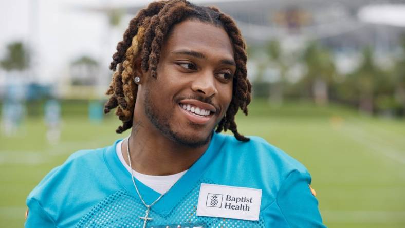 Jun 6, 2023; Miami Gardens, FL, USA; Miami Dolphins cornerback Jalen Ramsey (5) looks on while talking to reporters during mandatory minicamp at the Baptist Health Training Complex. Mandatory Credit: Sam Navarro-USA TODAY Sports