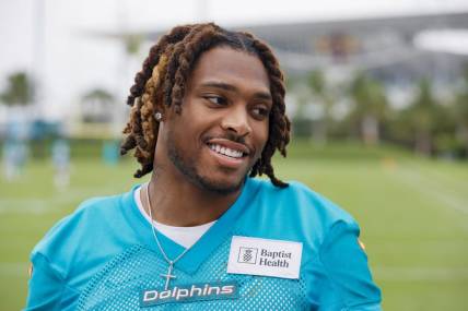 Jun 6, 2023; Miami Gardens, FL, USA; Miami Dolphins cornerback Jalen Ramsey (5) looks on while talking to reporters during mandatory minicamp at the Baptist Health Training Complex. Mandatory Credit: Sam Navarro-USA TODAY Sports