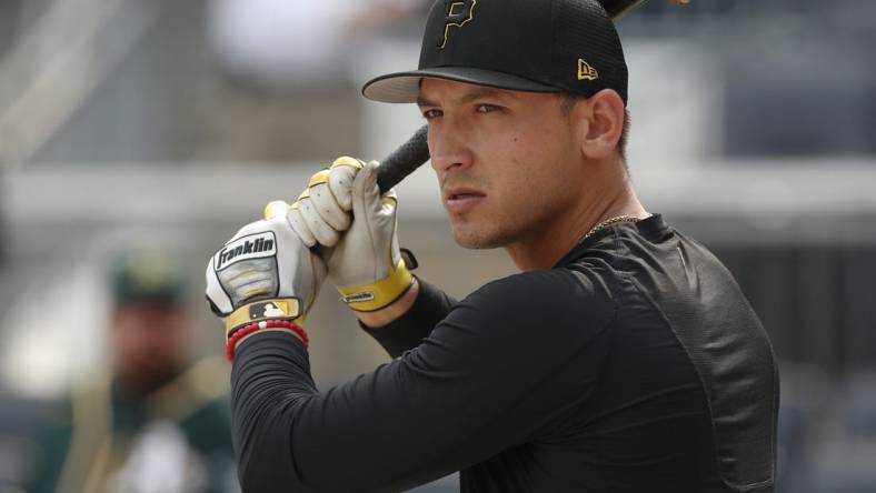 Jun 6, 2023; Pittsburgh, Pennsylvania, USA;  Pittsburgh Pirates infielder Mark Mathias (6) at the batting cage before the game against the Oakland Athletics at PNC Park. Mandatory Credit: Charles LeClaire-USA TODAY Sports