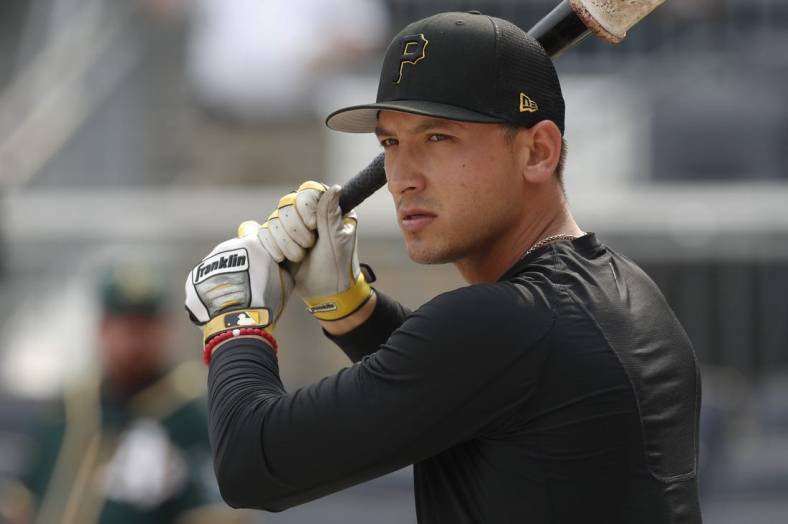 Jun 6, 2023; Pittsburgh, Pennsylvania, USA;  Pittsburgh Pirates infielder Mark Mathias (6) at the batting cage before the game against the Oakland Athletics at PNC Park. Mandatory Credit: Charles LeClaire-USA TODAY Sports