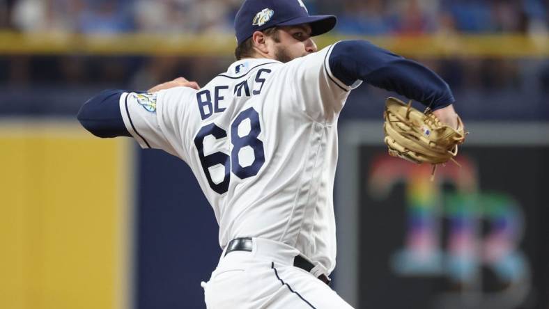 Jun 6, 2023; St. Petersburg, Florida, USA;  Tampa Bay Rays relief pitcher Jalen Beeks (68) throws a pitch against the Minnesota Twins during the eighth inning at Tropicana Field. Mandatory Credit: Kim Klement-USA TODAY Sports