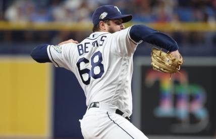 Jun 6, 2023; St. Petersburg, Florida, USA;  Tampa Bay Rays relief pitcher Jalen Beeks (68) throws a pitch against the Minnesota Twins during the eighth inning at Tropicana Field. Mandatory Credit: Kim Klement-USA TODAY Sports