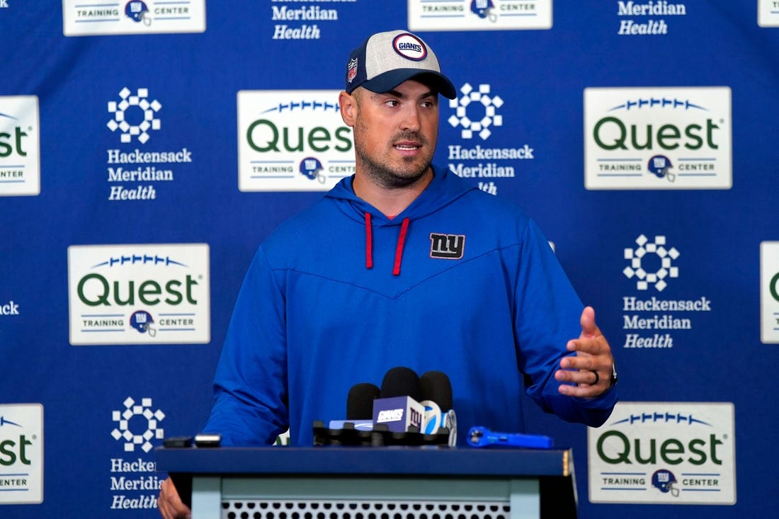 New York Giants offensive coordinator Mike Kafka talks to reporters before the organized team activities (OTA's) are canceled due to air quality at the Giants training center on Thursday, June 8, 2023.