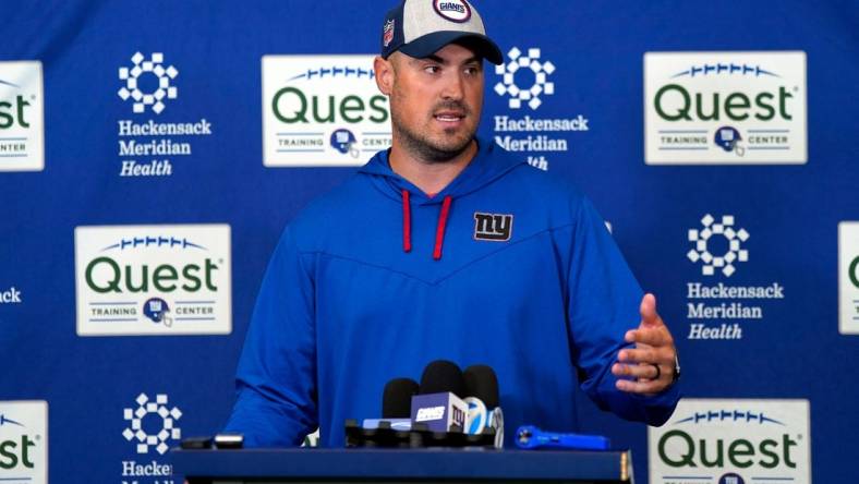 New York Giants offensive coordinator Mike Kafka talks to reporters before the organized team activities (OTA's) are canceled due to air quality at the Giants training center on Thursday, June 8, 2023.