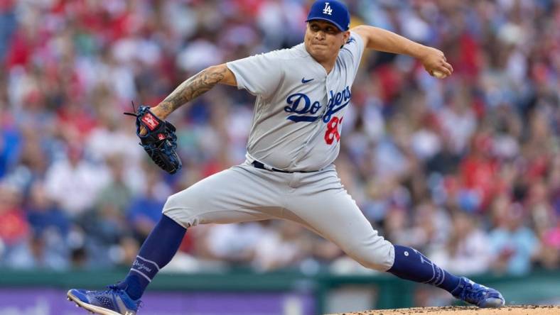 Jun 9, 2023; Philadelphia, Pennsylvania, USA; Los Angeles Dodgers relief pitcher Victor Gonzalez (81) throws a pitch during the first inning against the Philadelphia Phillies at Citizens Bank Park. Mandatory Credit: Bill Streicher-USA TODAY Sports