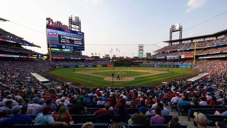 Jun 10, 2023; Philadelphia, Pennsylvania, USA; General view of Citizens Bank Park ninth inning of a game between the Philadelphia Phillies and the Los Angeles Dodgers. Mandatory Credit: Bill Streicher-USA TODAY Sports