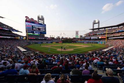 Jun 10, 2023; Philadelphia, Pennsylvania, USA; General view of Citizens Bank Park ninth inning of a game between the Philadelphia Phillies and the Los Angeles Dodgers. Mandatory Credit: Bill Streicher-USA TODAY Sports
