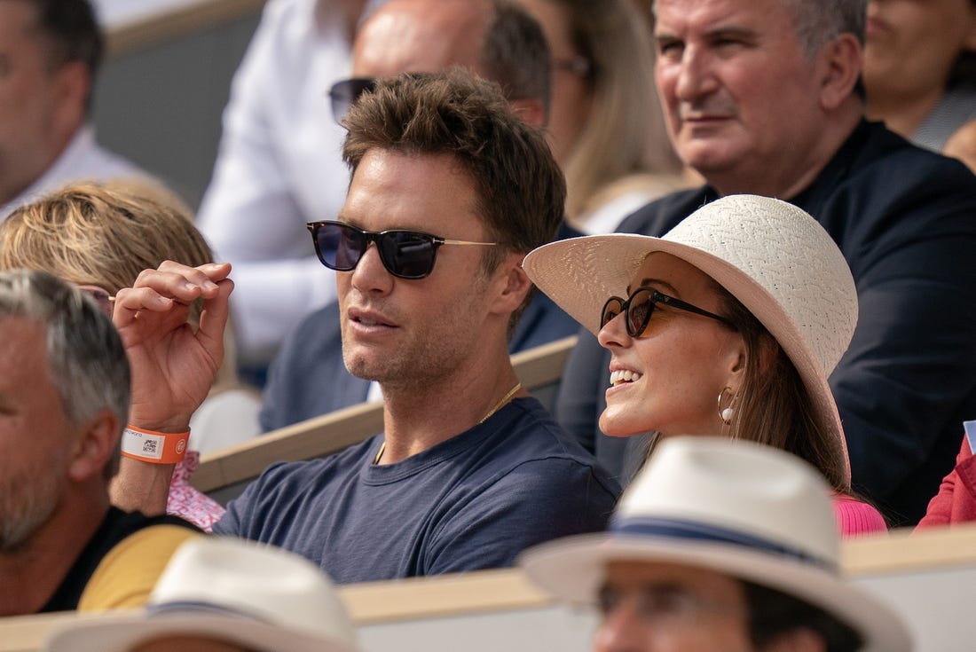 Jun 11, 2023; Paris,France; Tom Brady and Jelena Djokovic in attendance for the Novak Djokovic (SRB) and Casper Ruud (NOR) men s final on day 15 at Stade Roland-Garros. Mandatory Credit: Susan Mullane-USA TODAY Sports