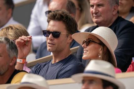 Jun 11, 2023; Paris,France; Tom Brady and Jelena Djokovic in attendance for the Novak Djokovic (SRB) and Casper Ruud (NOR) men s final on day 15 at Stade Roland-Garros. Mandatory Credit: Susan Mullane-USA TODAY Sports