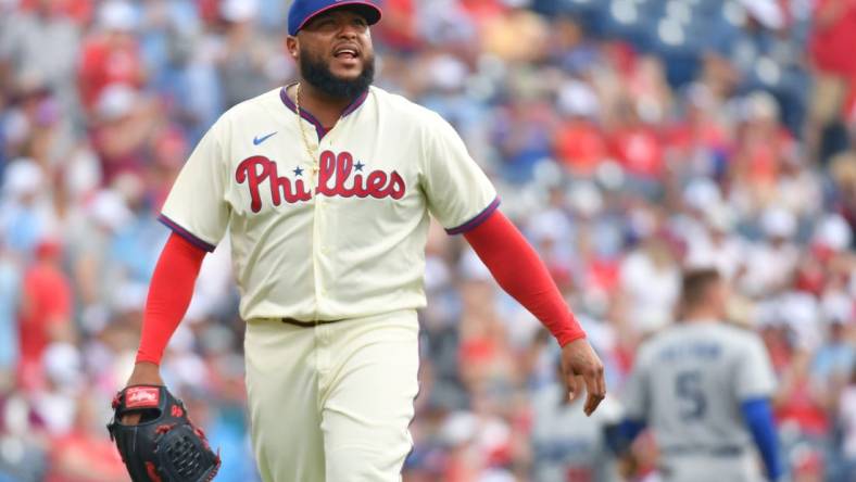 Jun 11, 2023; Philadelphia, Pennsylvania, USA; Philadelphia Phillies relief pitcher Jose Alvarado (46) reacts after a strikeout against the Los Angeles Dodgers to end the eighth inning at Citizens Bank Park. Mandatory Credit: Eric Hartline-USA TODAY Sports