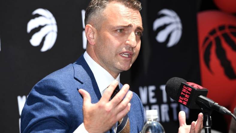 Jun 13, 2023; Toronto, Ontario, Canada;  Toronto Raptors new head coach Darko Rajakovic speaks to the media during an introductory media conference at Scotiabank Arena. Mandatory Credit: Dan Hamilton-USA TODAY Sports