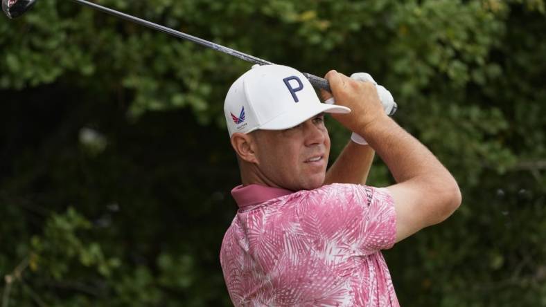 Jun 13, 2023; Los Angeles, California, USA; Gary Woodland hits his tee shot on the 11th hole during a practice round of the U.S. Open golf tournament at Los Angeles Country Club. Mandatory Credit: Michael Madrid-USA TODAY Sports