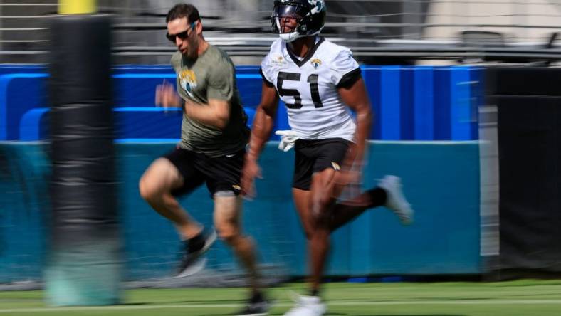 Jacksonville Jaguars linebacker Ventrell Miller (51) sprints during the third and final day of a mandatory minicamp Monday, June 12, 2023 at TIAA Bank Field in Jacksonville, Fla.