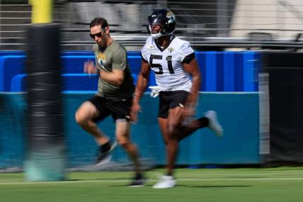 Jacksonville Jaguars linebacker Ventrell Miller (51) sprints during the third and final day of a mandatory minicamp Monday, June 12, 2023 at TIAA Bank Field in Jacksonville, Fla.