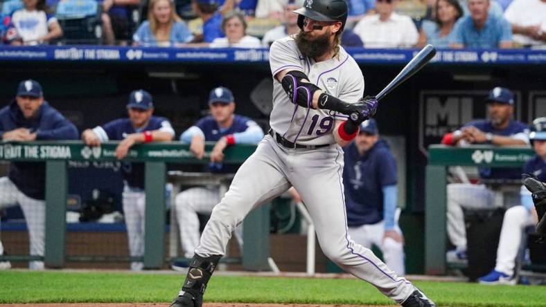 Jun 2, 2023; Kansas City, Missouri, USA; Colorado Rockies designated hitter Charlie Blackmon (19) at bat against the Kansas City Royals during the game at Kauffman Stadium. Mandatory Credit: Denny Medley-USA TODAY Sports