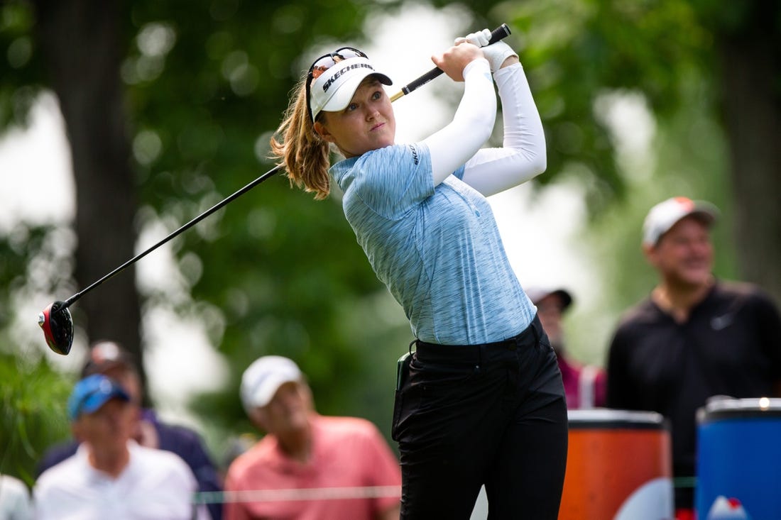 Brooke Henderson tees off from the fifth hole in the Meijer LPGA Classic Thursday, June 15, 2023, at Blythefield Country Club in Belmont, MI.