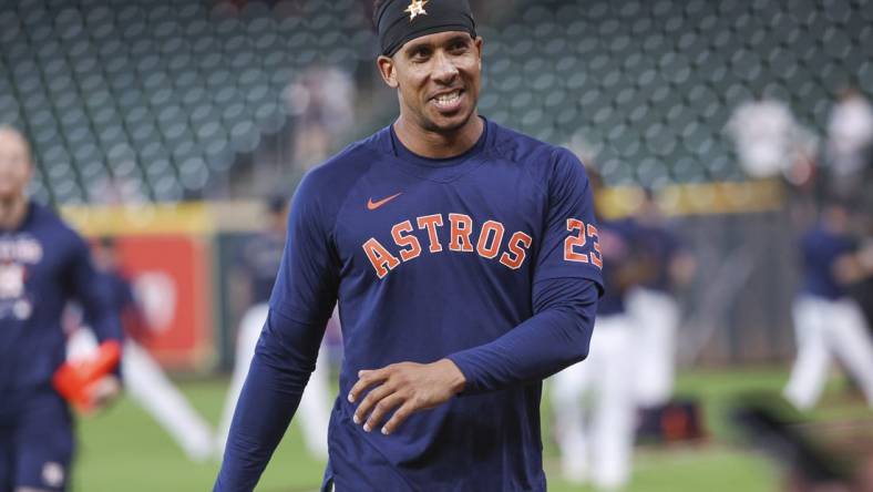 Jun 18, 2023; Houston, Texas, USA; Houston Astros outfielder Michael Brantley walks on the field before the game against the Cincinnati Reds at Minute Maid Park. Mandatory Credit: Troy Taormina-USA TODAY Sports