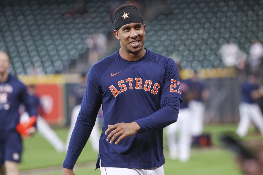 Jun 18, 2023; Houston, Texas, USA; Houston Astros outfielder Michael Brantley walks on the field before the game against the Cincinnati Reds at Minute Maid Park. Mandatory Credit: Troy Taormina-USA TODAY Sports