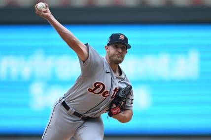 Jun 18, 2023; Minneapolis, Minnesota, USA; Detroit Tigers starting pitcher Will Vest (19) throws a pitch against the Minnesota Twins during the first inning at Target Field. Mandatory Credit: Jeffrey Becker-USA TODAY Sports