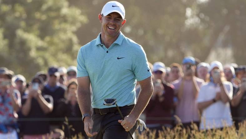 Jun 18, 2023; Los Angeles, California, USA; Rory McIlroy reacts after putting on the fifteenth hole during the final round of the U.S. Open golf tournament at Los Angeles Country Club. Mandatory Credit: Michael Madrid-USA TODAY Sports