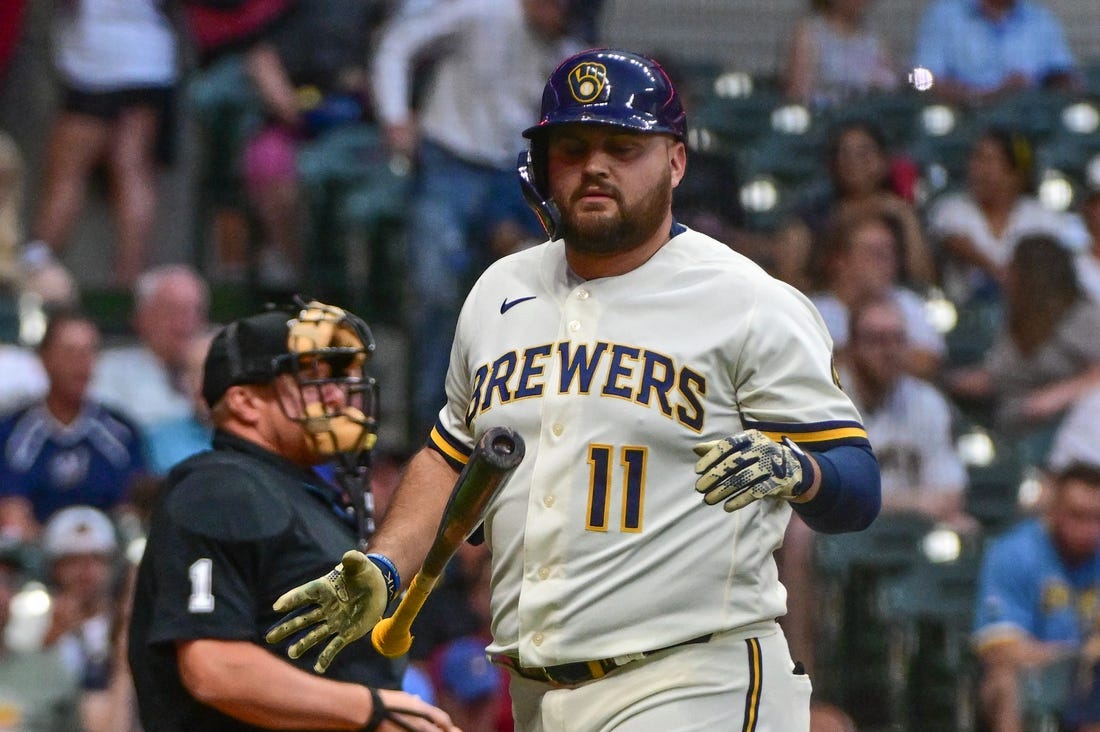 Jun 19, 2023; Milwaukee, Wisconsin, USA; Milwaukee Brewers first baseman Rowdy Tellez (11) reacts after striking out in the fifth inning against the Arizona Diamondbacks at American Family Field. Mandatory Credit: Benny Sieu-USA TODAY Sports
