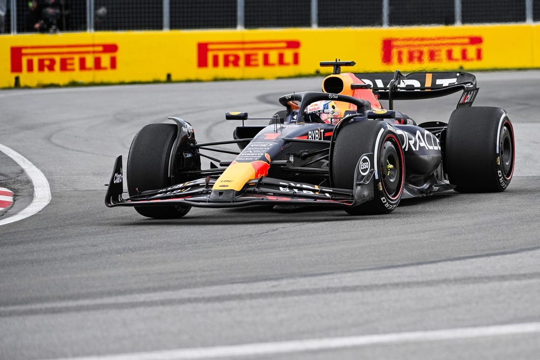 Jun 18, 2023; Montreal, Quebec, CAN; Red Bull Racing driver Max Verstappen (NED) races during the Canadian Grand Prix at Circuit Gilles Villeneuve. Mandatory Credit: David Kirouac-USA TODAY Sports