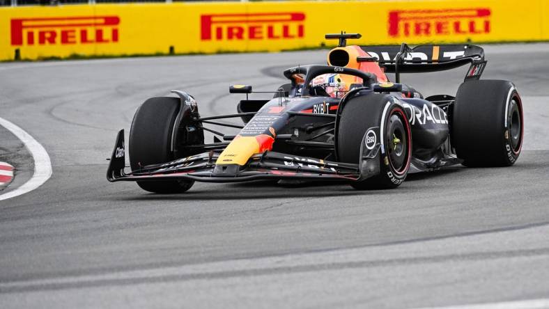 Jun 18, 2023; Montreal, Quebec, CAN; Red Bull Racing driver Max Verstappen (NED) races during the Canadian Grand Prix at Circuit Gilles Villeneuve. Mandatory Credit: David Kirouac-USA TODAY Sports