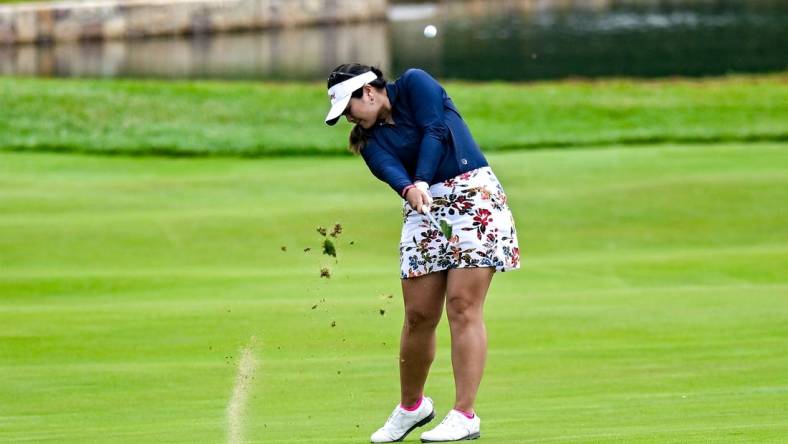 Jun 22, 2023; Springfield, New Jersey, USA; Lilia Vu plays a shot from the fairway on the 18th hole during the first round of the KPMG Women's PGA Championship golf tournament. Mandatory Credit: John Jones-USA TODAY Sports